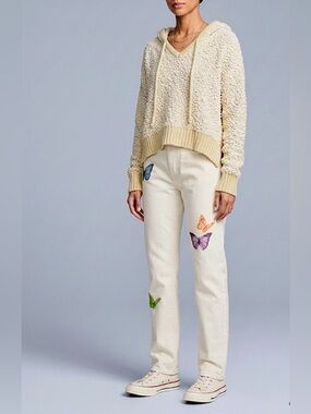 Levi's Cream Straight-Leg Jeans with Colorful Butterfly Embroidery
